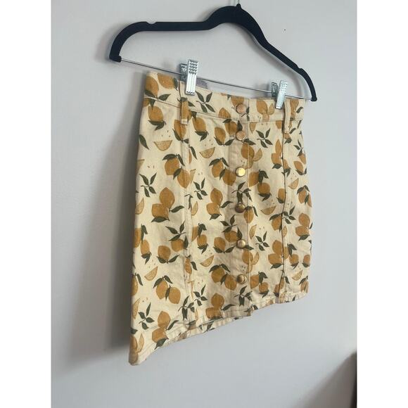 Reformation Denim Skirt Women XS Lemon Print Button Front Summer Yellow - Picture 5 of 6